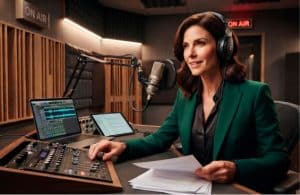 Locutor profissional em cabine acústica moderna gravando uma locução publicitária de alta qualidade para campanhas