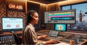 Compositor e produtor musical criando jingle publicitário em estúdio de gravação profissional