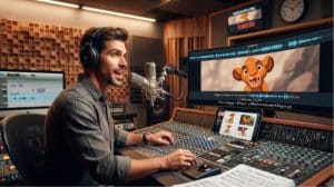 Dublador profissional realizando gravação de voz original para personagem de animação em estúdio