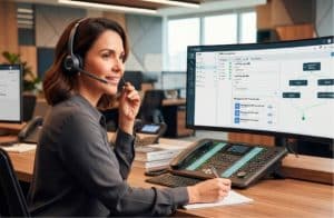 Atendente utilizando sistema de PABX e central telefônica com mensagens de URA personalizadas