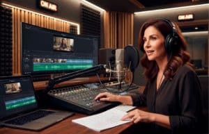 Narrador profissional gravando narração de vídeos em estúdio acústico moderno para produções audiovisuais.
