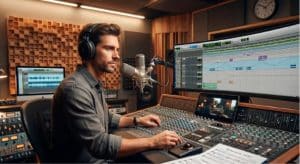 Compositor profissional criando trilha sonora original em estúdio de gravação para campanhas publicitárias