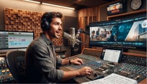 Locutor profissional realizando gravação de voice over para vídeo institucional em estúdio acústico