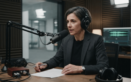Locutor profissional gravando conteúdo institucional para empresas do mercado portuário e corporativo de Santos